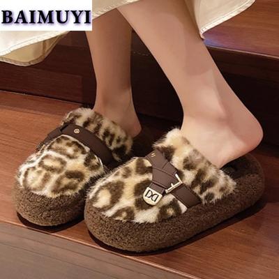 Leopard Women Platform Flats Fur Slippers Home Cotton Shoes Winter Casual Mules Shoes 2025 Trend New Flip Flops Zapatillas Mujer