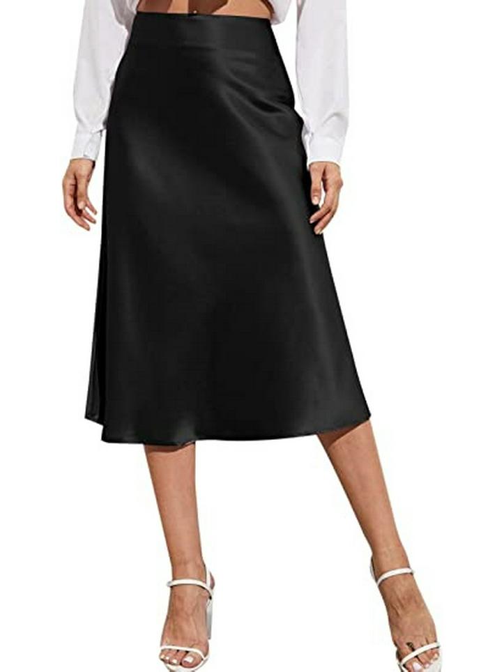 Women's High-Waist Satin Midi Skirt - Elegant Solid Color with Zipper