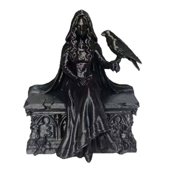 Handheld Detailed Carving 3D Printed Gothic Crow Queen Figurine, Cloaked Robe Statue with Small Style Figure Crow, Spooky Desktop Ornament for