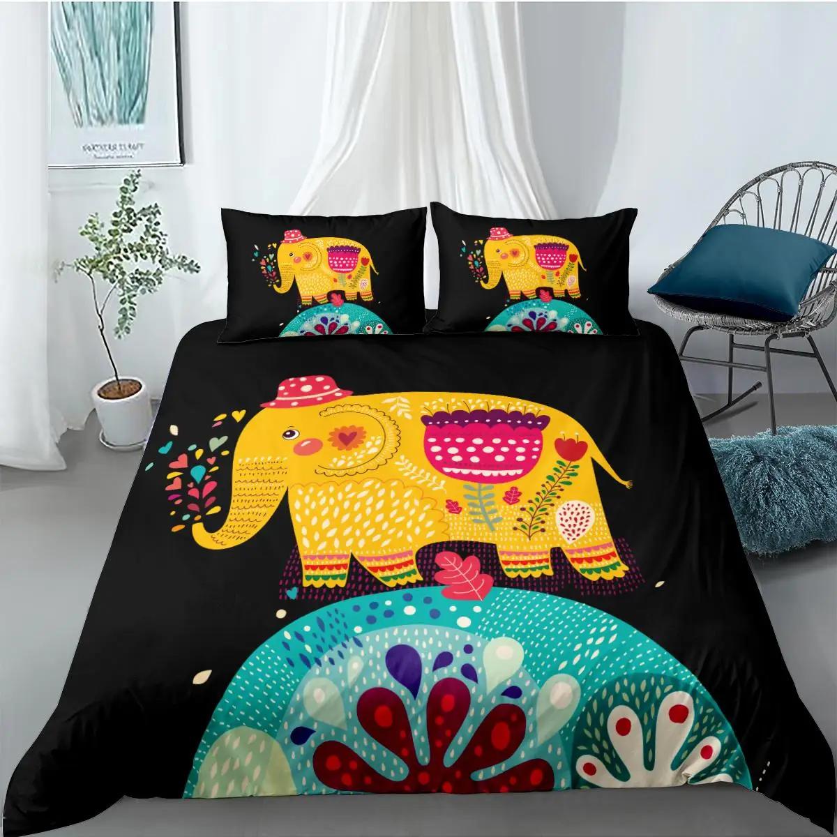 Jmg Household Supplies Unisex Elephant Duvet Cover Set Bohemian Style Decorative Quilt Cover Set Soft Microfiber Double Queen King Size Polyester Bedding Set