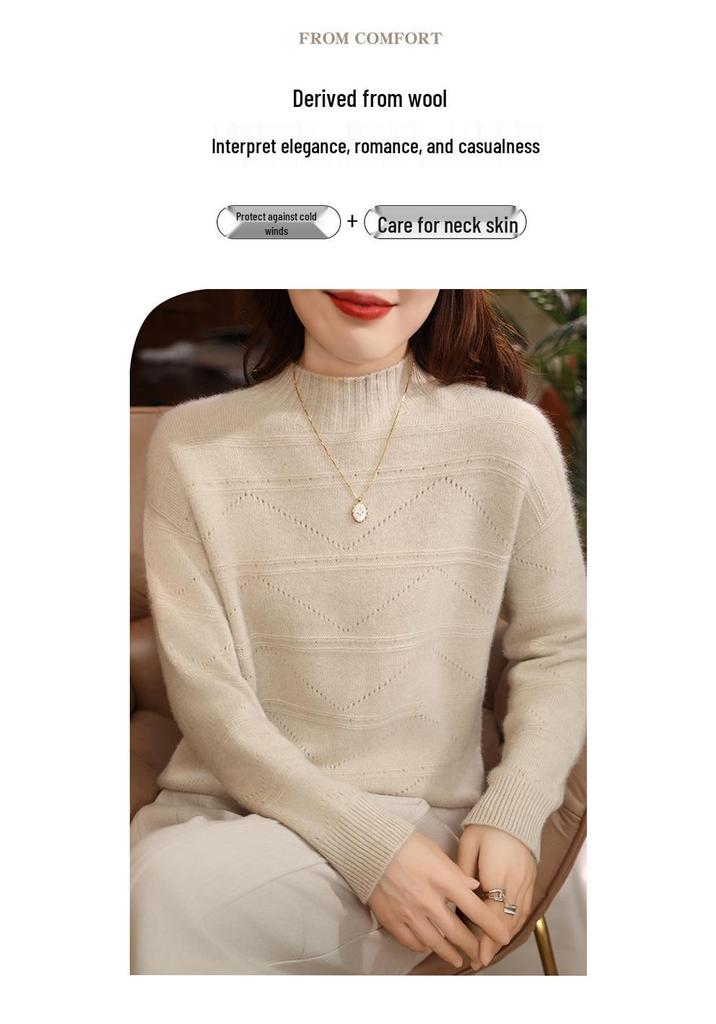 European Hollow Pure Wool Sweater - Women's Autumn/Winter Round Neck Knitwear