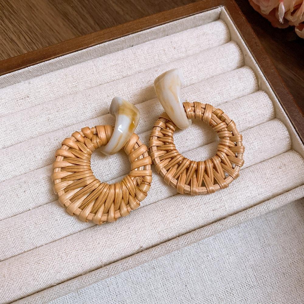 Beach Jewelry Bohemian Drop Earrings Round Geometric Earrings Rattan Weave Earrings  Women