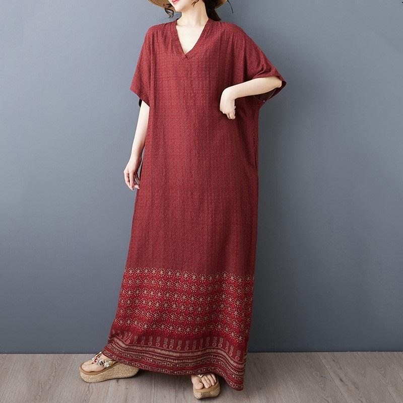 Kortärmad Plus size Bomull vintage nyinkommen klänningar för kvinnor avslappnad lös Maxi lång sommarklänning