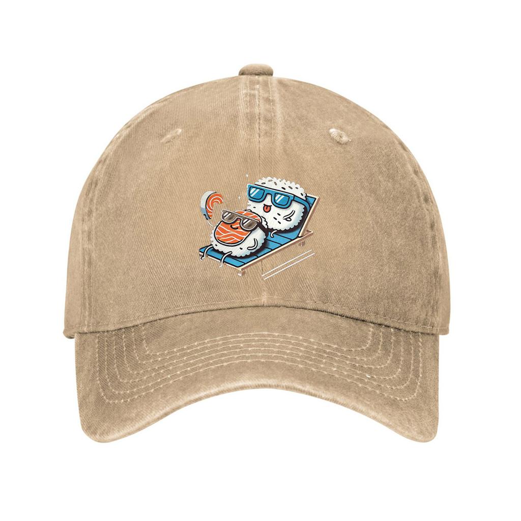 Sushi Couple Relaxing On Beach Chair Graphic Print Baseball Cap Cotton Adjustable Casual For Adults