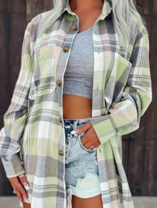 2024 Women's Pink Plaid Loose Long Sleeve Shirt Jacket
