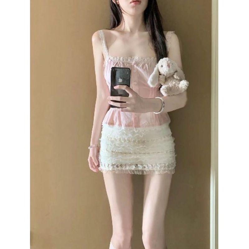 

Kumikumi Чистое Желание Набор Омоложение Розовая Майка Женщины Лето Сексуальное Кружево Обтягивающее Юбка из двух частей Skirt L