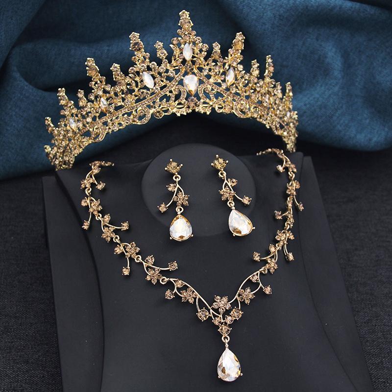 Elegant copper Color Crystal Bridal Jewelry Sets Princess Tiara Crown and Necklace Earrings Sets for Bridal Wedding Prom Gifts