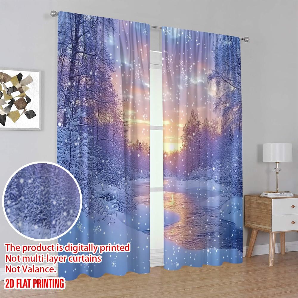 2pcs 2D flat printing Merry Christmas Popular Curtain Snow Forest Christmas Polyester Without Electricity Festive Holiday Use