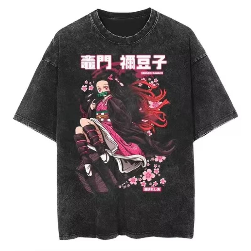 2026 Hot Oversized Demon Slayer T-Shirt Men Women Short Sleeve Tee Anime Print Washed Streetwear Summer Casual Tops Y2k Clothes