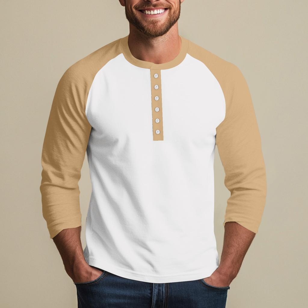 Men's Button-Down Contrast Raglan 3/4 Sleeve Top