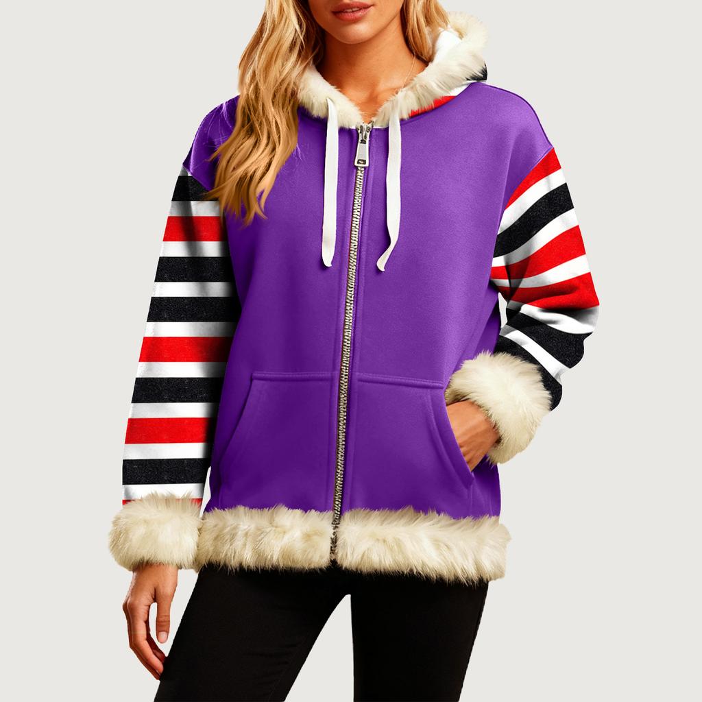 Damen Bequeme Lockere Mode Lässig Gestreifter Druck Langarm Taschen Kapuzenpullover Jacke