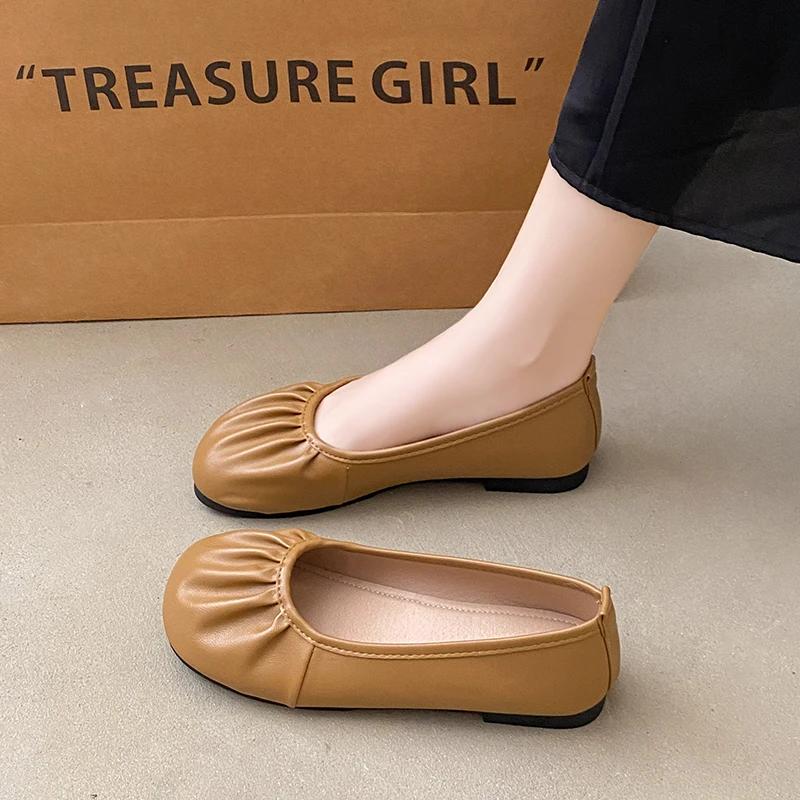 

2024 Round Toe Slip-on Pleated Decorative Flat Bottom Shallow Mouth Comfortable and Versatile Hot-selling Women s Single Shoes 35
