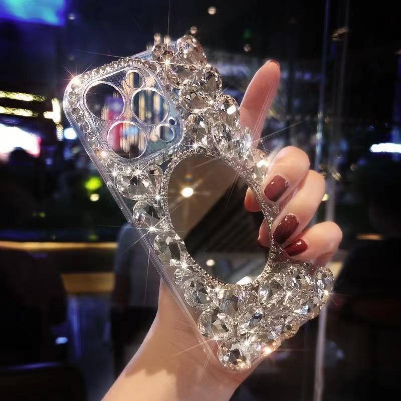 Luxury Full Diamond Makeup Mirror Suitable for Apple 15pm Mobile Phone Case iPhone14/13 Protective Case On 17/12 Rhinestones