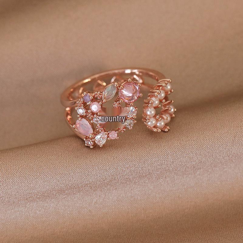 Elegant Adjustable Pearl Zircon Flower Ring