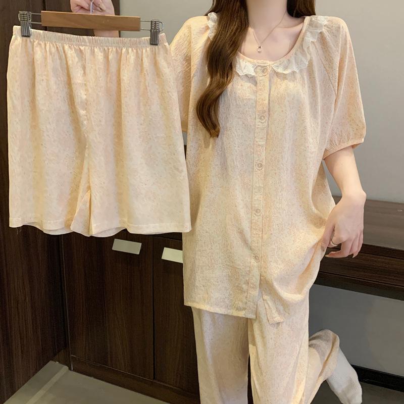 Cute Lace Round Neck Floral Short-Sleeved Pajamas Women'S Summer Pastoral Cloud Cotton Loungewear Three-Piece Set