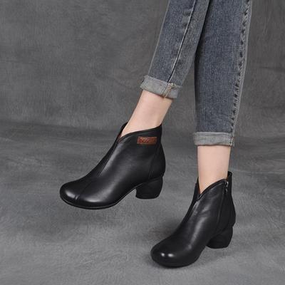 Herbst Einzelstiefel Echtes Leder Handgefertigt Retro Damen Schuhe Dicker Absatz Seitenreißverschluss Komfort Kurze Stiefel Winter Plüsch Mama Schuhe