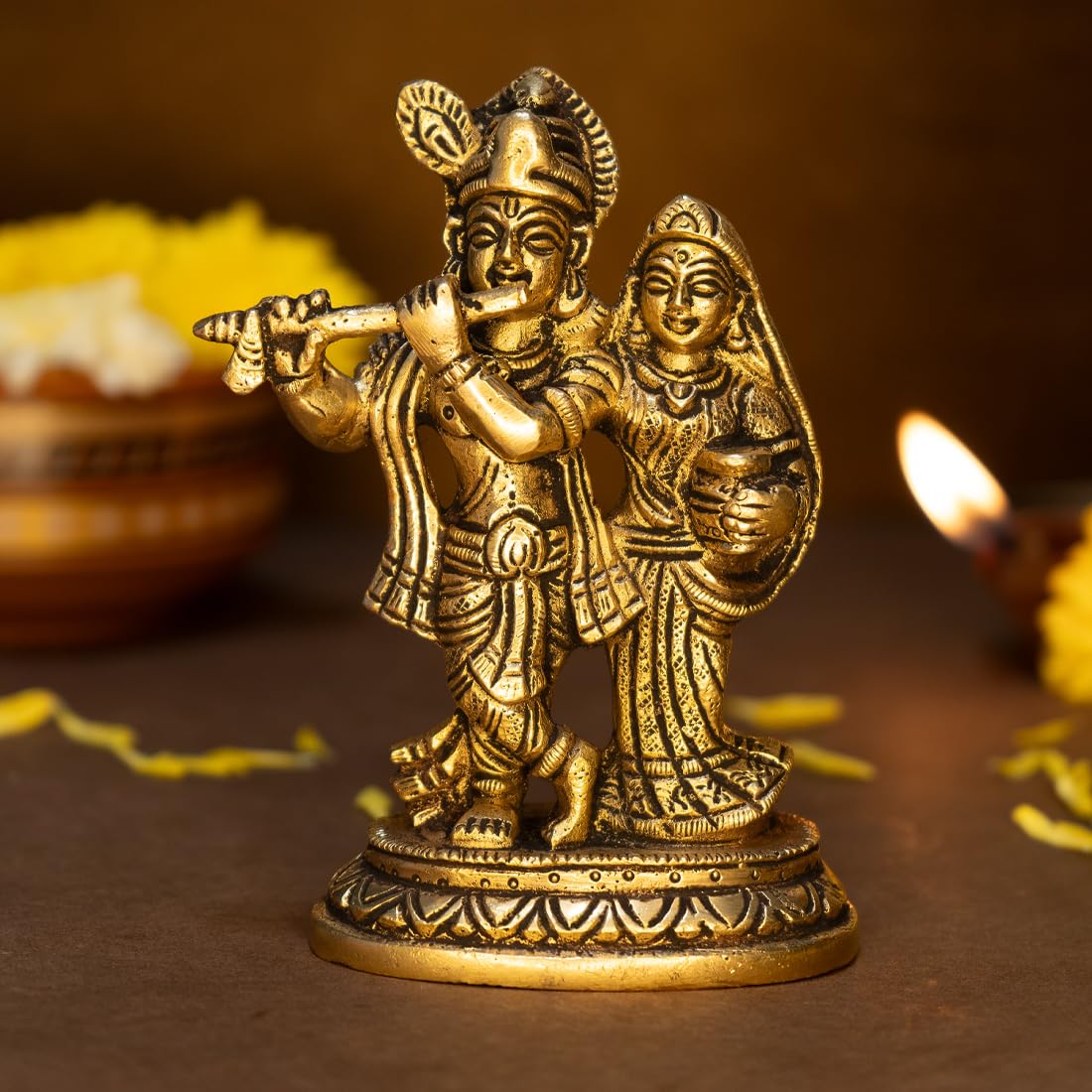 100% Pure Brass Radha Krishna Murti, Beautiful Idol, Gold, Brass Size - 12.8 Cm