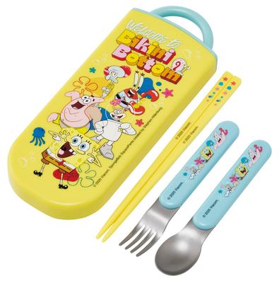 Conjunto Trio de Hashis Bento Bob Esponja Calça Quadrada para Meninos e Crianças (Hashis, Colher, Garfo, 16,5cm) Meninas, TACC2-A