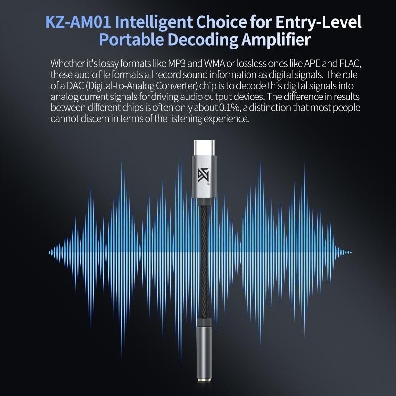 KZ AM01 Type-C to 3.5mm Audio Adapter 32bit/384kHz Hi-Fi DAC + IC Amplifier Dual Chip Earphone Audio Cable