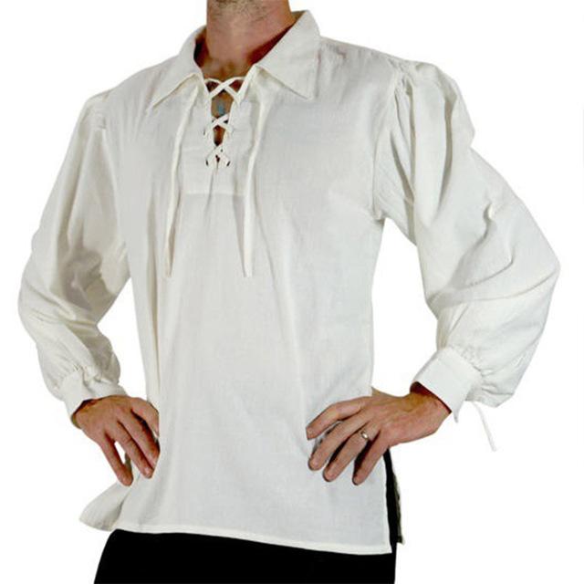 

OhBaby Middle Ages High Quality Fashion Bandage Lapel Retro Long Sleeve Loose Men s Shirt S белый