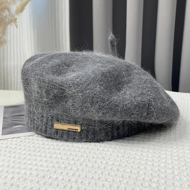 

Autumn Winter Knitted Berets Women Simple Real Rabbit Fur Beret Outdoor Travel Bud Knitted Artist Hat 56-58CM