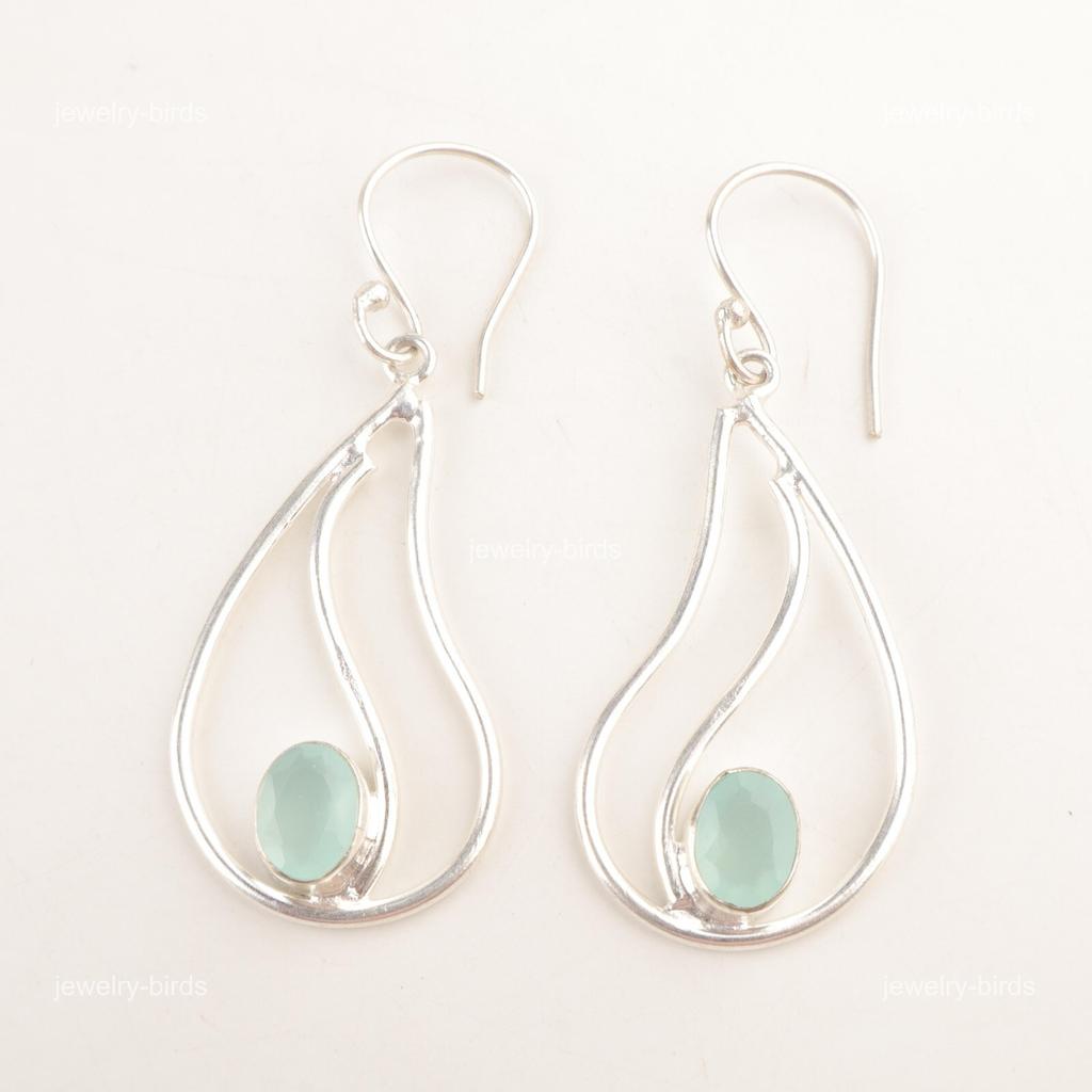 Natural Aqua Chalcedony Sterling Silver Drop Dangle Throat Chakra Boho Earrings EE-139-11