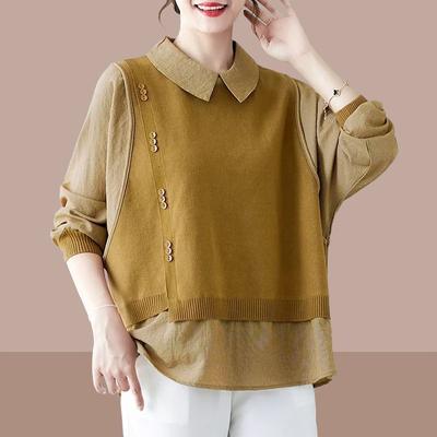 Maglione alla Moda Finto Due Pezzi Lavorato a Maglia Camicia Ampia Slim Elegante Top Casual per Primavera Autunno