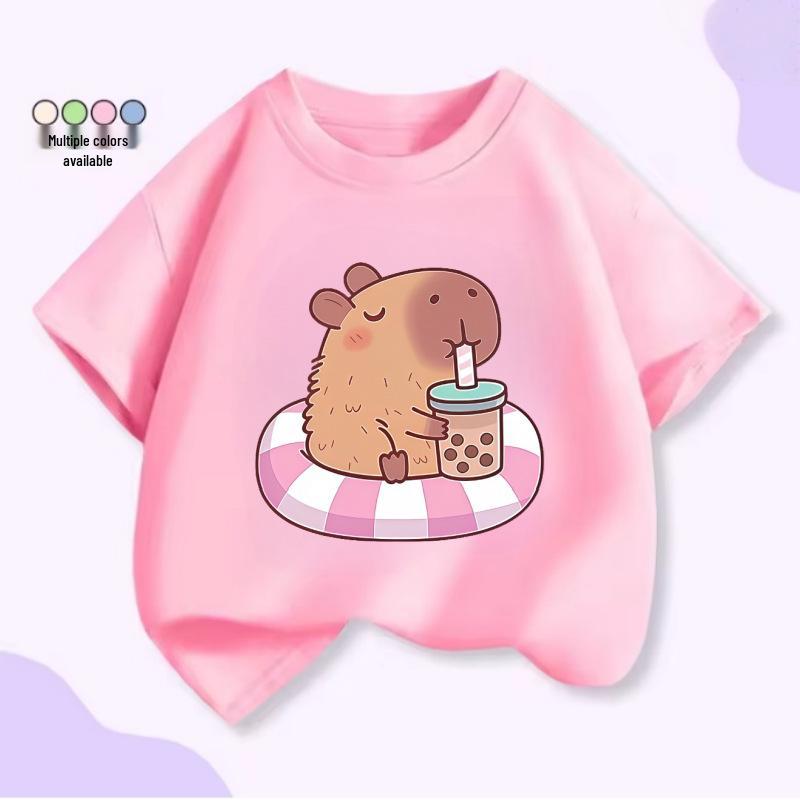Unisex Kids’ Cute Capybara Milk Tea Cartoon T-Shirt - Loose Summer Casual Short Sleeve Top