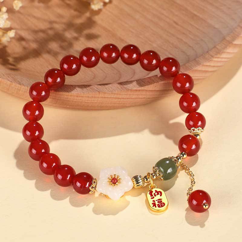 New Chinese Bracelet Hetian Jade Peach Pollen Crystal Bracelet Female Lucky Nafu Agate Dopamine Bracelet Bracelet Jewelry