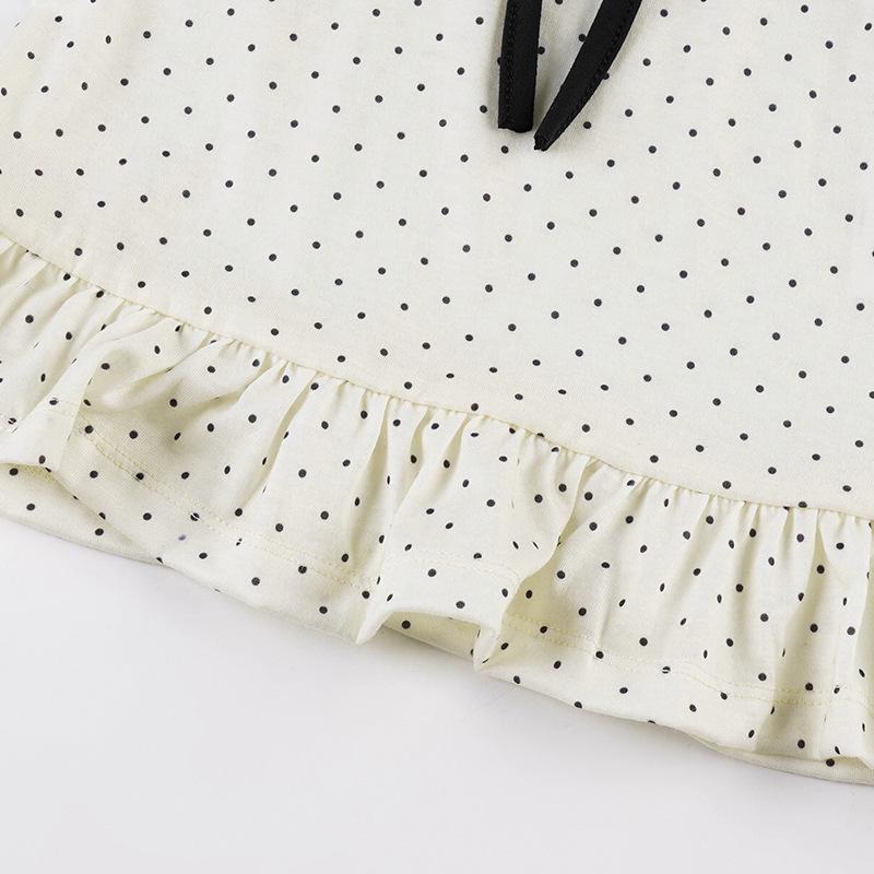 2025 Spring French Style Polka Dot Ruffle Trim Tie-Up Slim Fit Top for Women