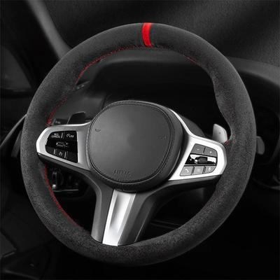 37-38cm Universal Suede Car Steering Wheel Cover, DIY Hand Sewing, Black Soft Leather Braiding Cover for Auto Steering Wheel