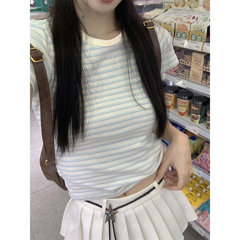 

Retro Short Sleeve Striped T-Shirt Women s Summer Spice Girl Slim Skinny Bottom Shirt Versatile Student Short Top S