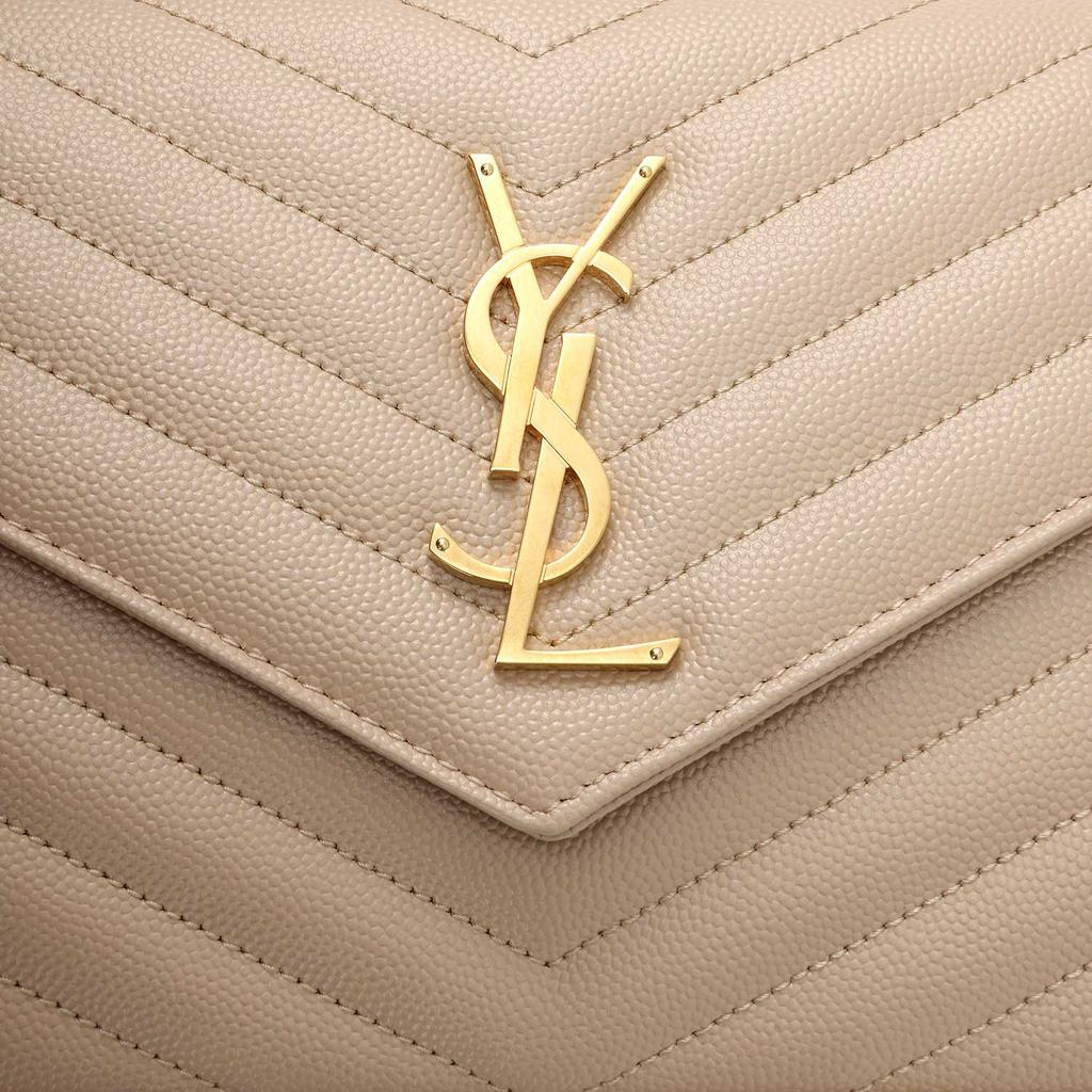 Saint Laurent Ysl Monogram Logo Dorato Pelle Granulosa Trapuntata Portafoglio a Catena Borsa a Spalla Borse Donna Beige Scuro 377828-BOW01-2721