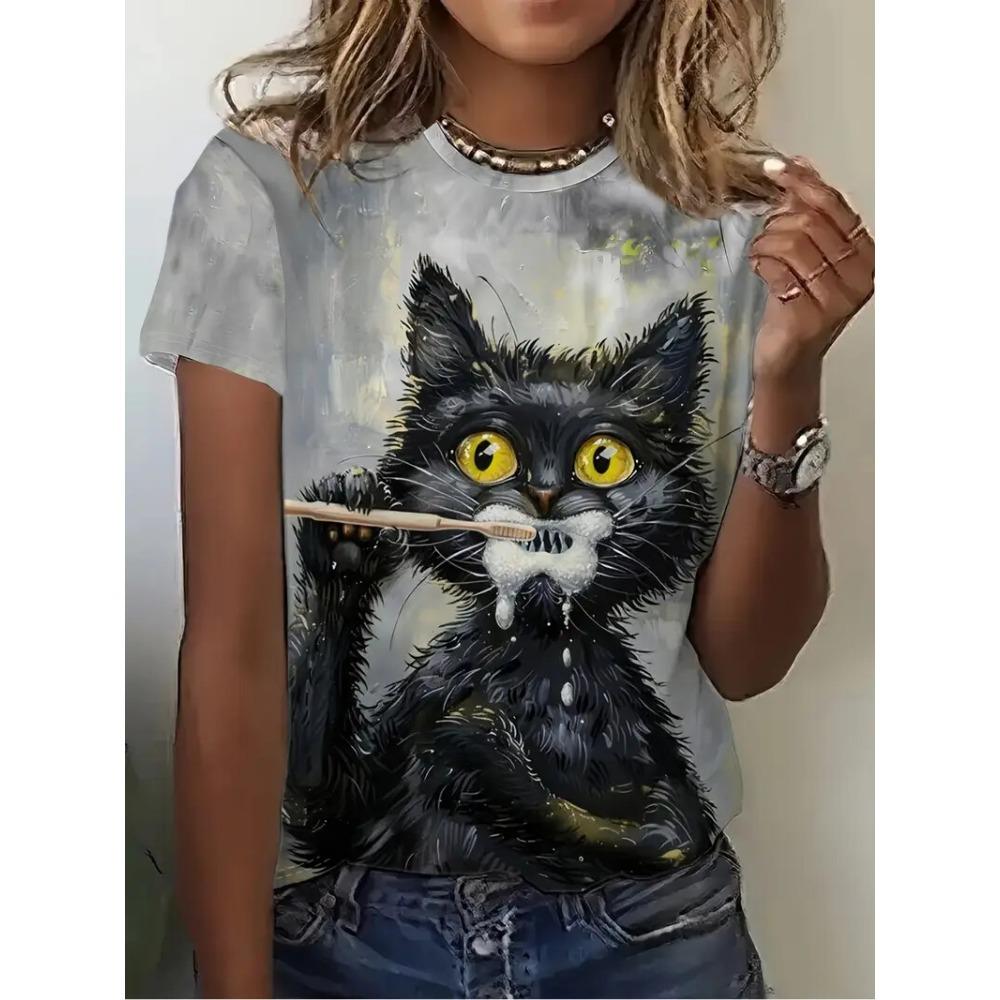 Women's T-shirt Funny Animal Lion 3D Print Summer Crew Neck Short Sleeve Outdoor Casual T Shirts Female Women Clothing Pullover