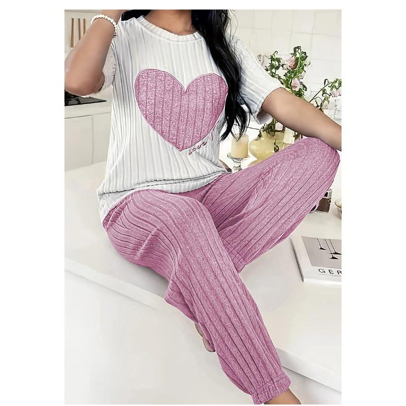 

Spring Summer Women Sleepwear Short Sleeve Heart Tops and Long Pants Pyjamas 2 Piece Set Pajamas Set Casual Homewear Loungewear S фиолетовый