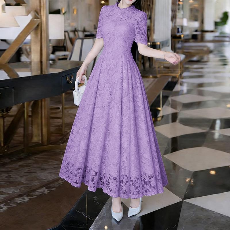 ZANZEA Women Casual Round Neck Summer Short Sleeve Patchwork Lace Long Dress 2XL фиолетовый