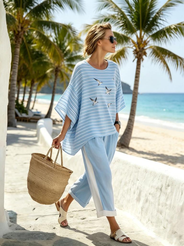 26 Summer Crew Neck Bat Sleeve Printed Two-piece Set Women's Loose Casual Top High Waist Wide Leg Pants Vacation Style Set