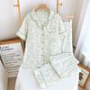 Pajamas women's spring and summer new pure cotton floral short-sleeved cardigan set Korean sweet lapel double-layer yarn loungewear