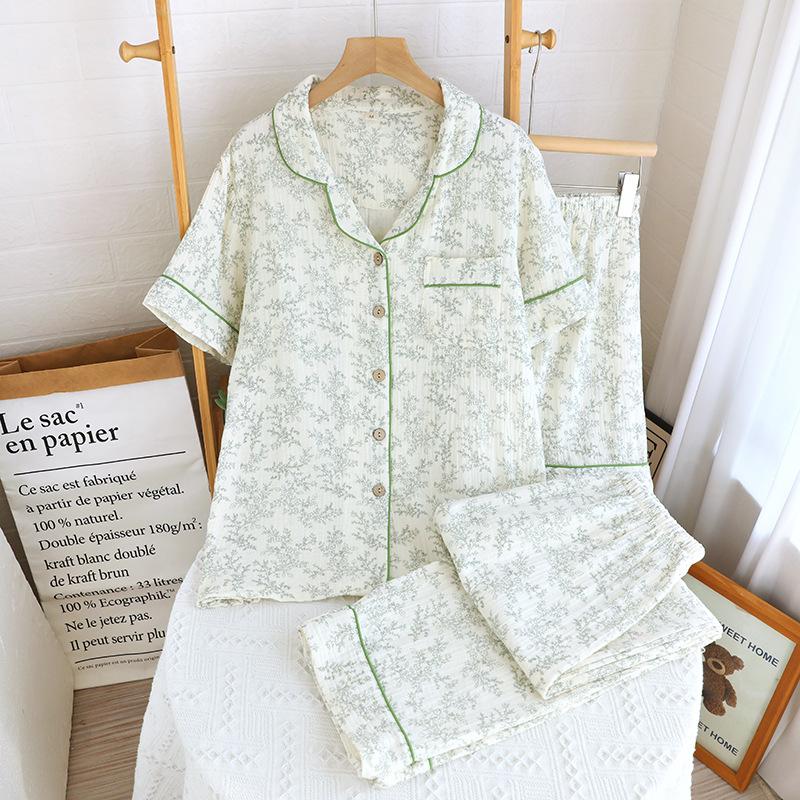Pajamas women's spring and summer new pure cotton floral short-sleeved cardigan set Korean sweet lapel double-layer yarn loungewear