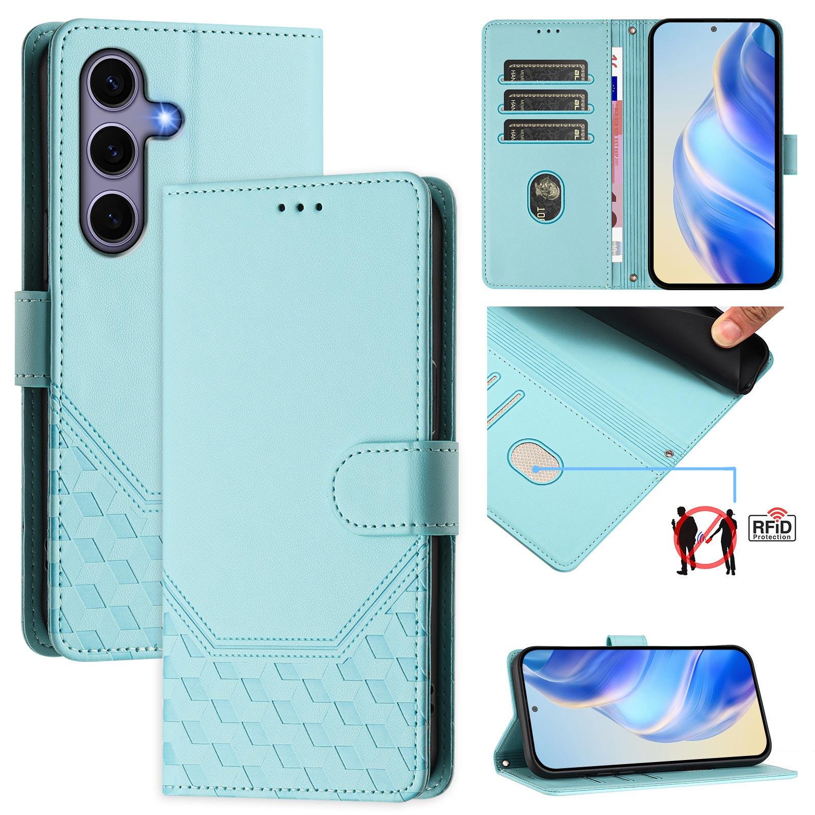 

For Samsung Galaxy S25 Case Imprinted Honeycomb RFID Blocking Leather Phone Cover with Strap Mint Green