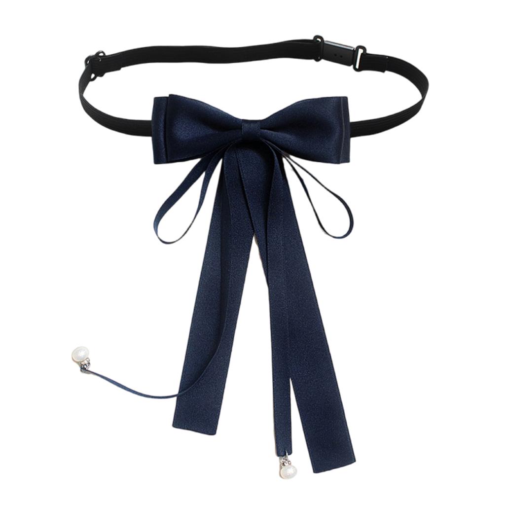 Elegant Pearls Long Ribbon Bowtie with Pin Pre Tied Adjustable Preppy Styles Bowknot Necktie for Fashionable Women Ties