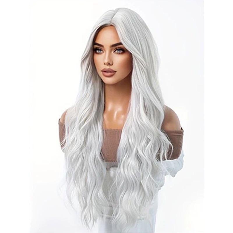 Women's Long Wavy Wig, White Center Part Synthetic Hairpiece for Daily & Cosplay