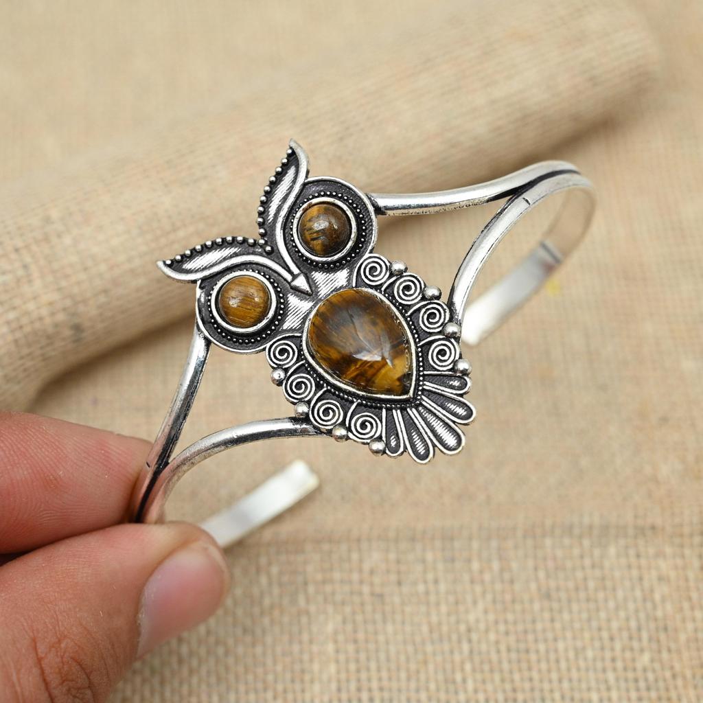 Vakker Tigerøye Edelstein Solid 925 Sterlingsølv Armbånd Forlovelsesgave Mansjett Smykker