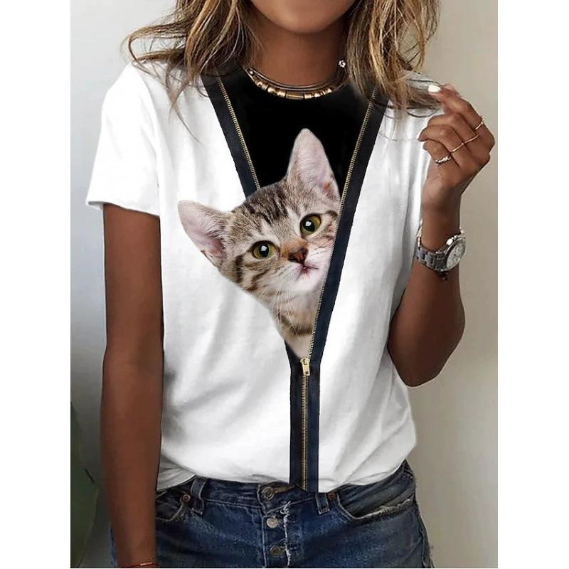 Sommer Rundhals 3D Katzenprint Top Modische Lässige Kurzarm Damen T-Shirts