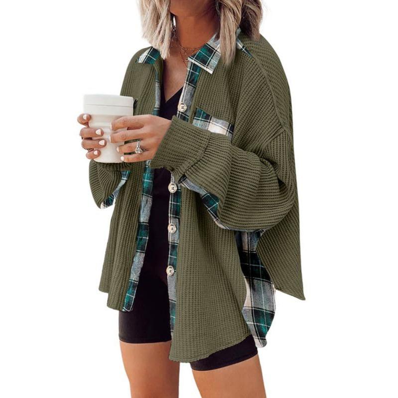 Women Casual Waffle Knit Jacket Loose Plaid Shirt