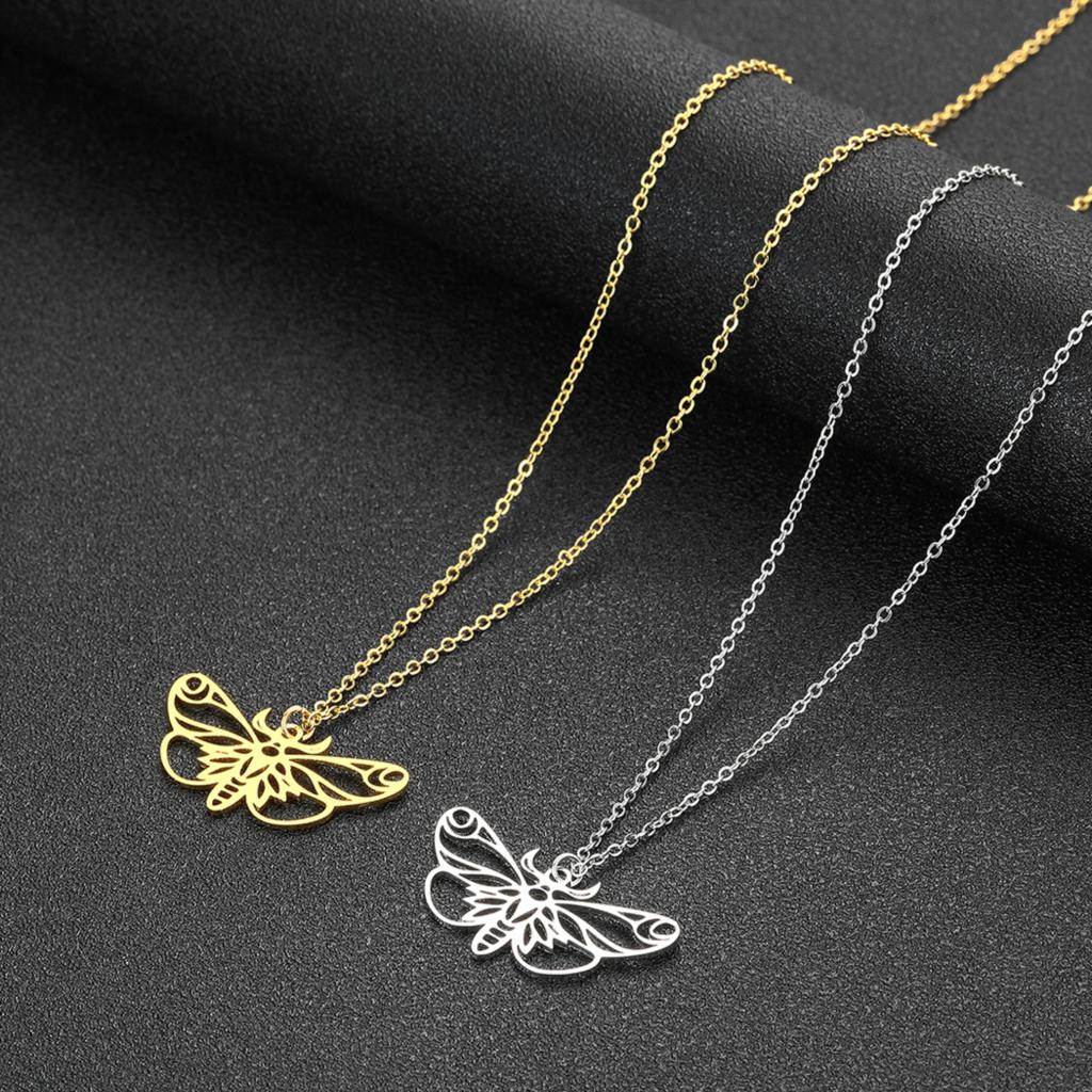 Kinitial Stainless Steel Butterfly Pendant Necklace Women Charm Geometric Butterfly Charm Moth Necklace