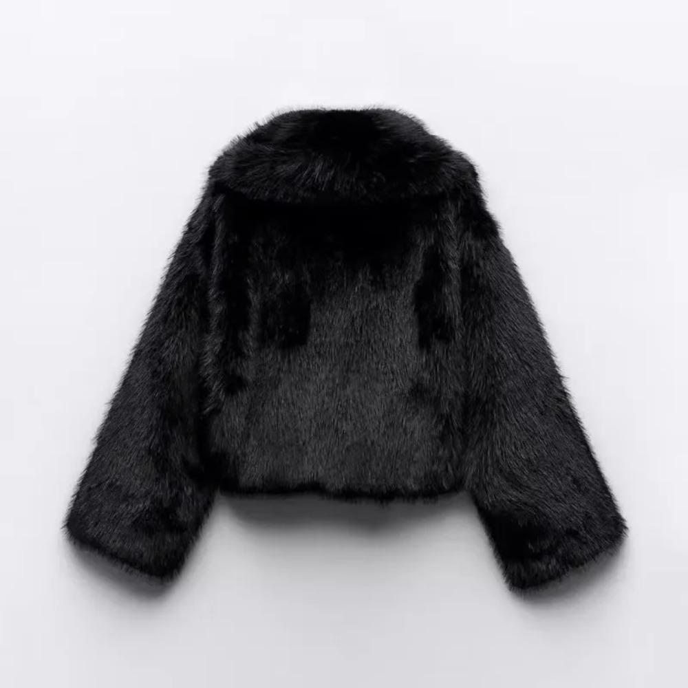 Giacca Corta Nera in Pelliccia Sintetica Soffice con Ampio Revers Moda Manica Lunga Oversize Corta Invernale Nuovo Capospalla High Street