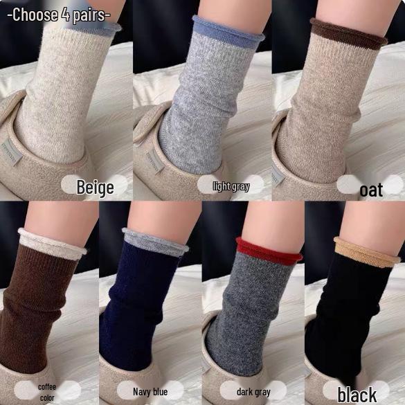 Women s Gray Japanese-Style Mid-Calf Wool Socks: Warm, Thick, Rolled-Edge Design for Autumn and Winter. Oatmeal