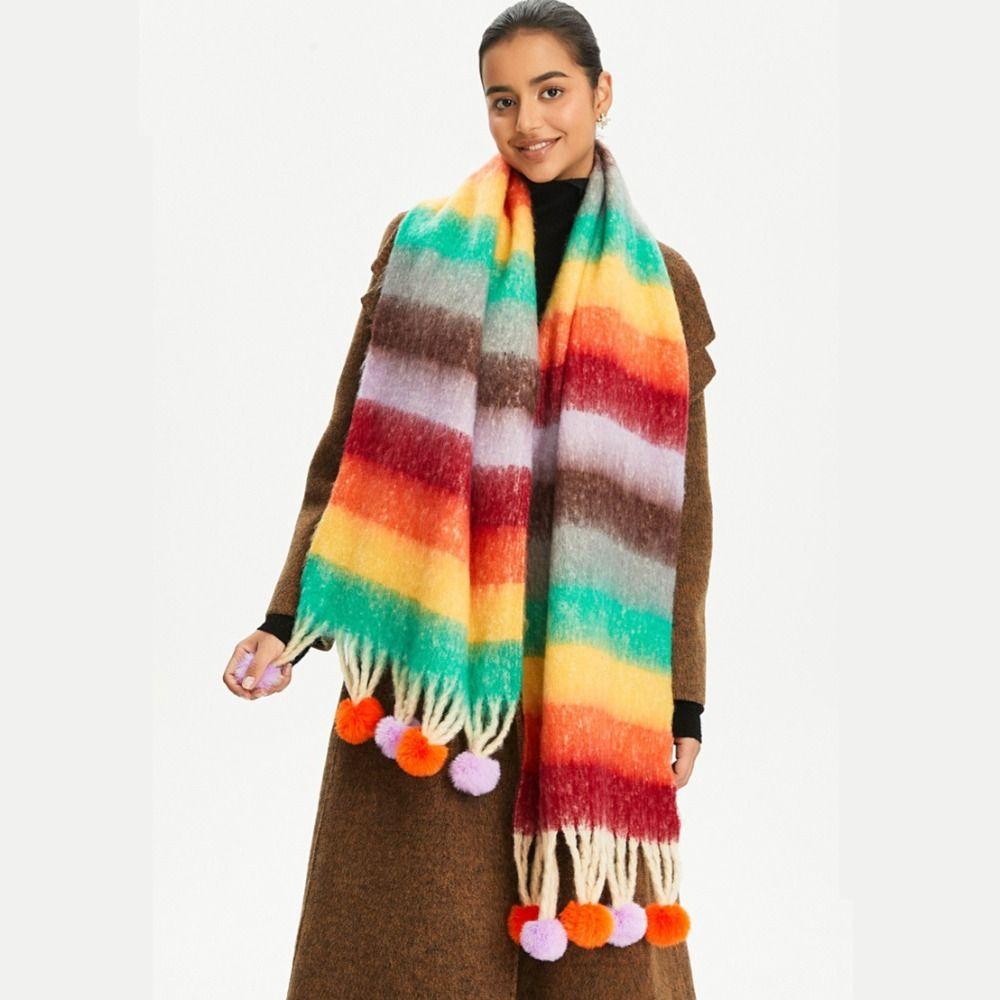 Mohair Plaid Wool Scarf Rabbit Fur Ball Winter Cashmere Scarves Classic Warm Wraps  Girl
