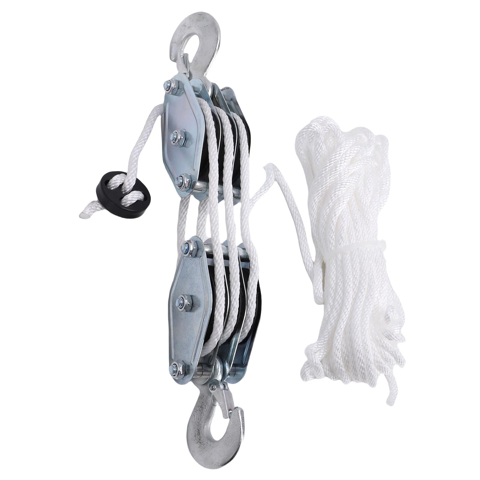 

3 Wheel Rope Pulley Hoist Manual Block and Tackle Pulley System 15m White Rope 6:1 Lifting Power